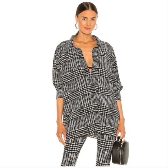 Norma Kamali Tops - Norma Kamali Black White Oversized Glenn Plaid Tweed Print Boyfriend Shirt Large